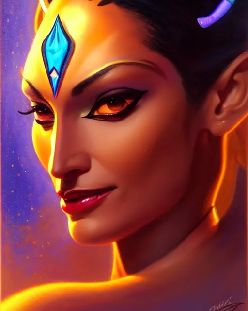 Image similar to symmetra from overwatch, bust, fantasy, fantasy art, fantasy, colorful, elegant, character portrait, portrait, close up, highly detailed, intricate detail, amazing detail, sharp focus, vintage fantasy art, vintage sci - fi art, radiant light, caustics, by boris vallejo