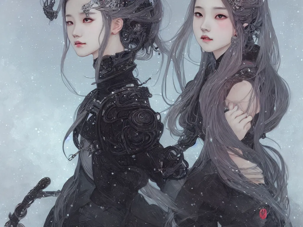 Image similar to portrait jisoo blackpink, grey hair armored samurai clothes, in snowy torii black magic night, ssci - fi and fantasy, intricate and very very beautiful and elegant, digital painting, artstation, concept art, smooth, illustration, art by tian zi and wlop and alphonse mucha