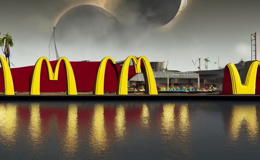 Prompt: an immense McDonald's brand oceanliner cruise ship with giant golden arches logo crashed a broken on a deserted island, huge airship in the dark skies, smoke stacks billowing thick black smoke, dystopian bad vibes, fast food restaurant color scheme, photorealistic, intense clouds, octane render, sharp focus