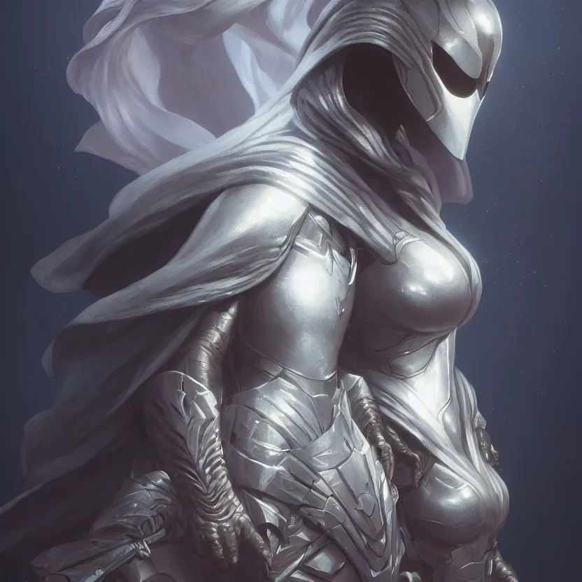 Image similar to female moon knight, hyper detailed, digital art, trending in artstation, cinematic lighting, studio quality, smooth render, unreal engine 5 rendered, octane rendered, art style by klimt and nixeu and ian sprigger and wlop and krenz cushart