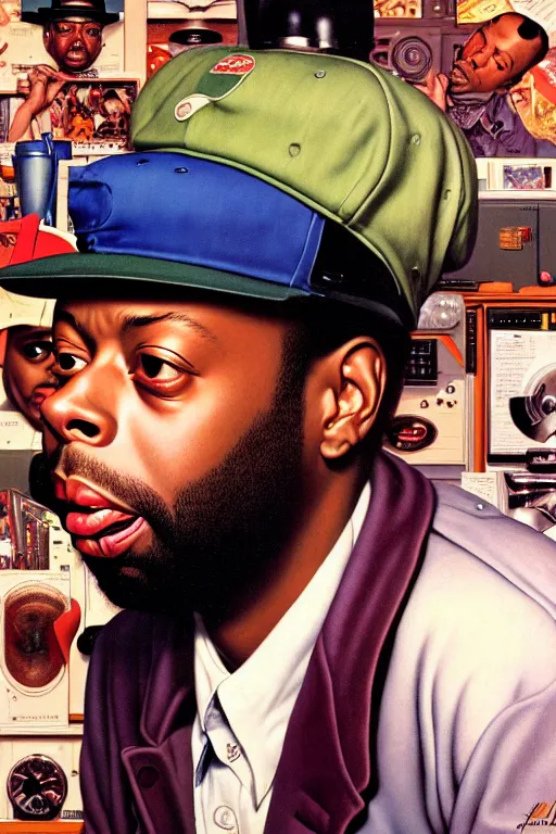 Prompt: j dilla portrait by gil elvgren and norman rockwell and rob gonsalves and hajime sorayama, hyperrealistic, high detail, ultra detailed, highly detailed face, ruffled fabric