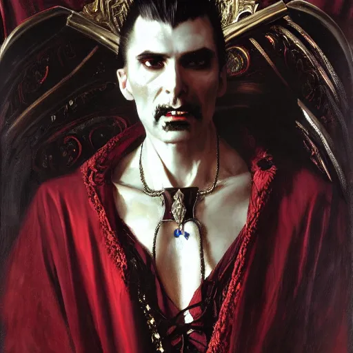 Prompt: perfectly centered portrait of attractive vampire king dracula in a robe sitting on a throne of bones, highly detailed painting by gaston bussiere, craig mullins, j. c. leyendecker, 8 k