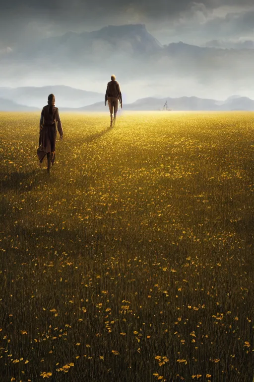 Prompt: An endless meadow with a giant walking in the far distance by Greg Rutkowski, Sung Choi, Mitchell Mohrhauser, Maciej Kuciara, Johnson Ting, Maxim Verehin, Peter Konig, final fantasy , 8k photorealistic, cinematic lighting, HD, high details, atmospheric,