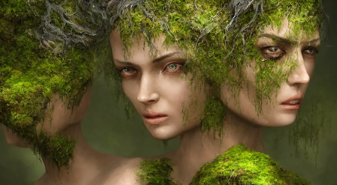 Image similar to Portrait of a moss-covered older Gaia goddess shedding a single tear, highly-detailed, elegant, dramatic lighting, artstation, 4k