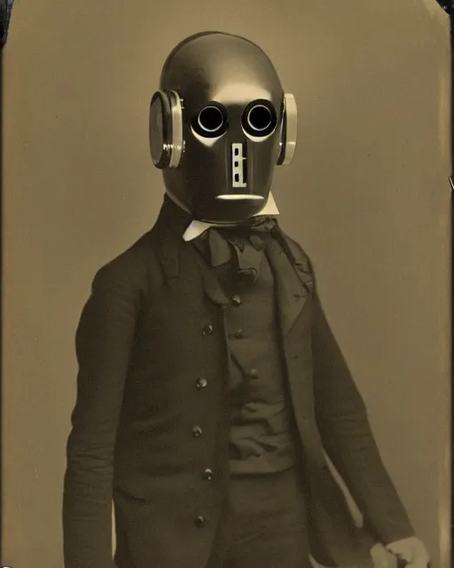 Image similar to retro photo portraits of a anthropomorphic-robot cyber-face techno mask in black tie suit by Louis Daguerre