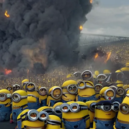 Image similar to minions characters at the hindenburg disaster.