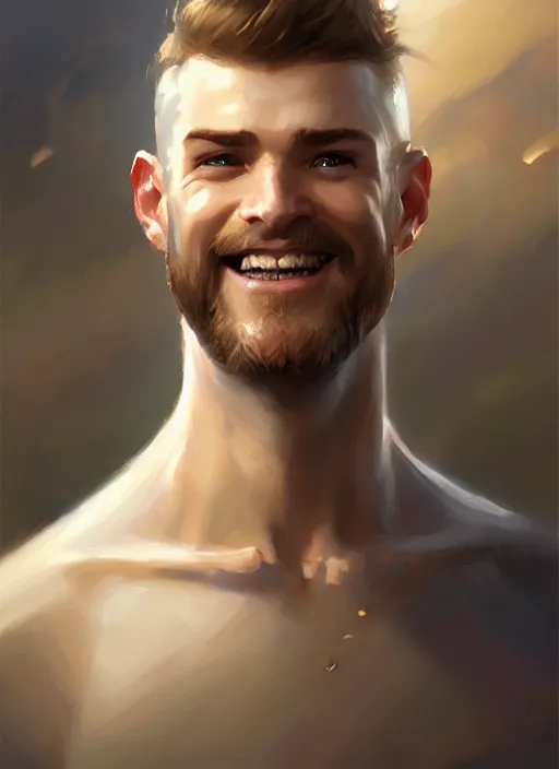 Image similar to a _ fantasy _ style _ portrait _ painting _ of white male short fringe light brown hair short head smiling clean shaven round face rpg dnd oil _ painting _ unreal _ 5 _ daz. _ rpg _ portrait _ extremely _ detailed _ artgerm _ greg _ rutkowski _ greg