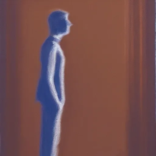 Image similar to a pastel painting of a silhouette person standing at the door of a dark room