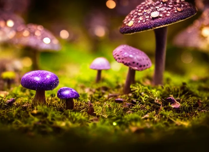 Image similar to a fantasy forest on an alien planet with delicate flowers and mushrooms that glow in the dusk, macro close up, bokeh,