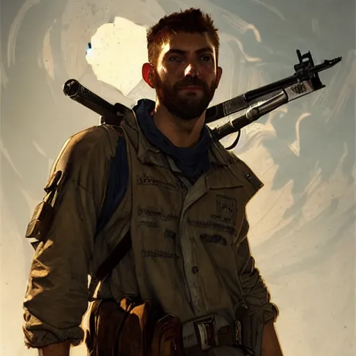 Image similar to Joshy Sly as Aiden Caldwell character from Dying Light 2 Stay Human, western, D&D, fantasy, intricate, elegant, highly detailed, digital painting, artstation, concept art, matte, sharp focus, illustration, art by Artgerm and Greg Rutkowski and Alphonse Mucha