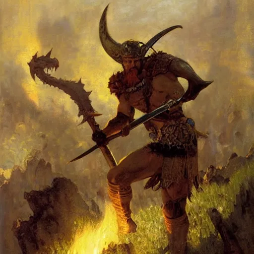 Prompt: viking berserker with a two - meter two - handed sword fighting a dragon, painting by gaston bussiere, craig mullins, j. c. leyendecker