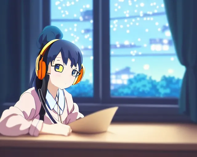 Image similar to anime fine details portrait of joyful school girl in headphones studying near monitor in her room at the table, evening, lamp, lo-fi, open window, dark city landscape on the background deep bokeh, profile close-up view, anime masterpiece by Studio Ghibli. 8k, sharp high quality anime