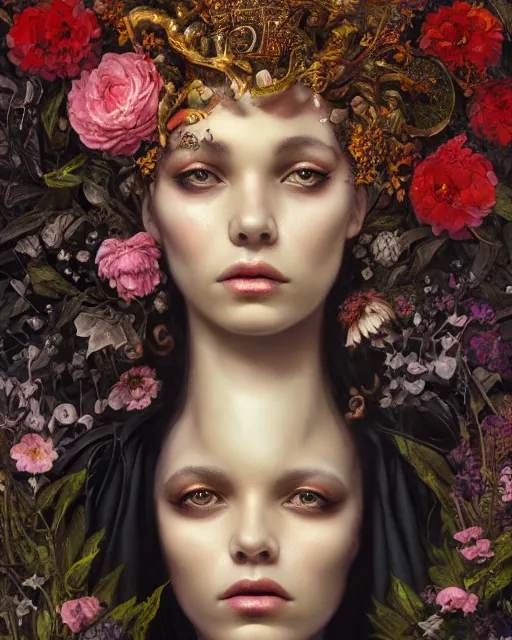 Image similar to portrait of the black queen of the underworld, surrounded by flowers by karol bak, james jean, tom bagshaw, rococo, sharp focus, trending on artstation, cinematic lighting, hyper realism, octane render, 8 k, hyper detailed.