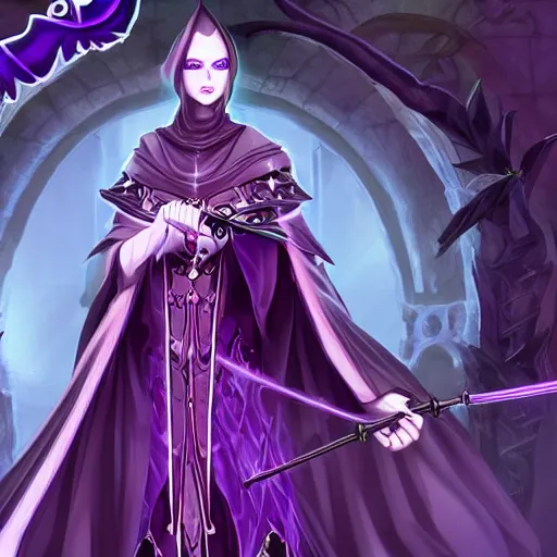 Image similar to an attractive female necromancer mage symmetrical, donned in black cloak with purple staff