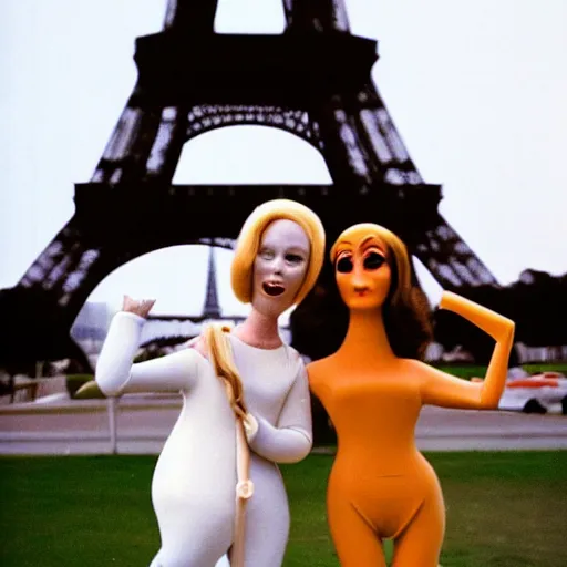 Image similar to 1976 film still glamorous woman photo and her friend, a puppet that looks like Caspar the Friendly Ghost, in front of the eiffel tower, 16mm film live soft color, earth tones and some primary colors 1976, archival footage, in style of doris wishman russ meyer, woman looks like sharon tate