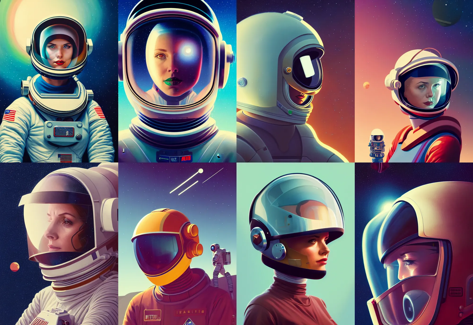 Prompt: retrofuturistic portrait of a woman in astronaut helmet, jupiter graphics art in background, close up, quint buchholz, wlop, dan mumford, artgerm, liam brazier, peter mohrbacher, 8 k, raw, featured in artstation, octane render, cinematic, elegant, intricate, 8 k