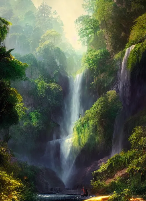 Image similar to low angle shot of a beautiful huge and wide sparkling black waterfall, lovely valley, lush trees, by James Gurney, by Greg Rutkowski, concept art, volumetric lighting, intricate, vivid colors, octane render, trending on artstation, 8k