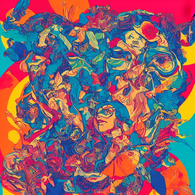 Prompt: album cover design in beautiful bright colors by tristan eaton and james jean