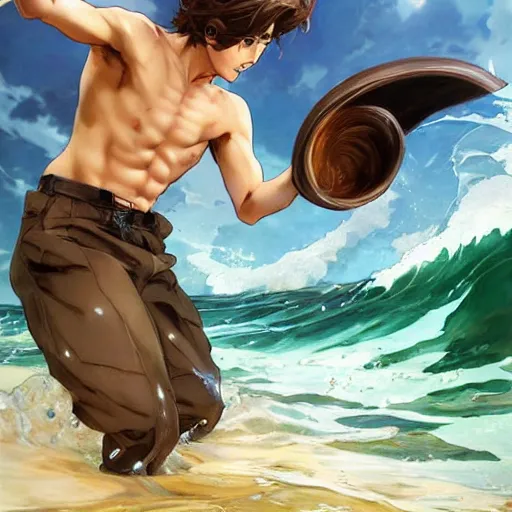 Prompt: epic battle brown haired boy summons a huge wave of water. photorealism. realistic. uhd. extremely detailed. masterpiece. dramatic. rule of thirds. jc leyendecker. repin. shigenori soejima.
