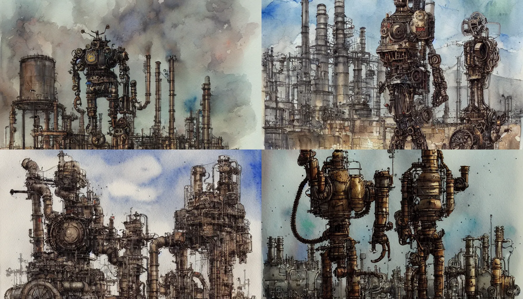 Prompt: steampunk robot standing before chemical plant, watercolor and ink, by Greg Rutkowski