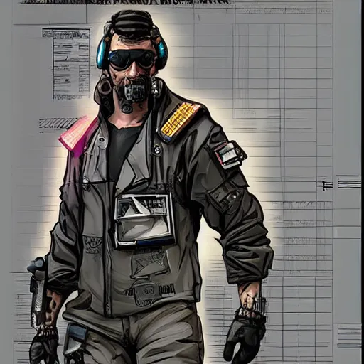 Image similar to Dangerous Hector. buff cyberpunk mercenary wearing a cyberpunk headset, military vest, and jumpsuit. Square face. Concept art by Sherree Valintine Daines and James Gurney. Industrial setting. ArtstationHQ. Creative character design for cyberpunk 2077.