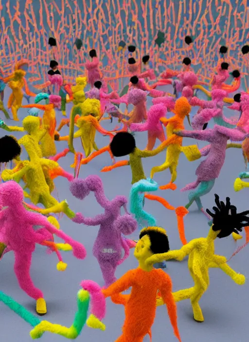 Image similar to group of giant sakura-colored people dancing made out of fluffy pipecleaners in the style of Jean-Michel Basquiat, 3D cinematic lighting, spotlight at a 90 DEGREE ANGLE, photorealism, octane render, depth of field, 8k, 35mm, artgem, Trending on artstation