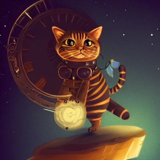 Image similar to A lazy steampunk cat jumping over the galaxy, digital illustration, concept art, 8k, trending on artstation