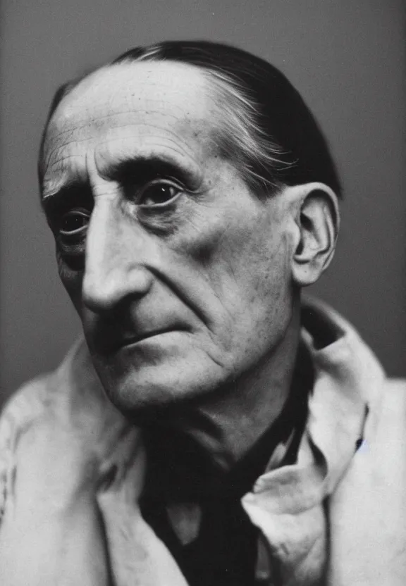 Image similar to a close - up casual photo of marcel duchamp with pensive eyes, 1 9 2 0 s monochrome snapshot, graflex 4 x 5, f 1. 8, 3 5 mm, ilford delta 3 2 0 0 pro