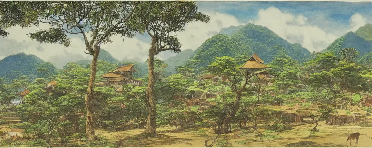 Image similar to a 2D drawing of a beautiful Philippine Rural Town landscape, majestic and exotic, by hiroshi yoshida