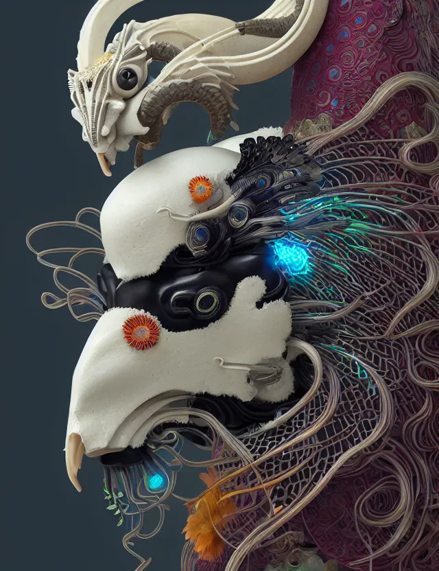 Image similar to 3 d goddess close - up profile solarpunk portrait ram skull. beautiful intricately detailed japanese crow kitsune mask and clasical japanese kimono. betta fish, jellyfish phoenix, bio luminescent, plasma, ice, water, wind, creature, artwork by tooth wu and wlop and beeple and greg rutkowski