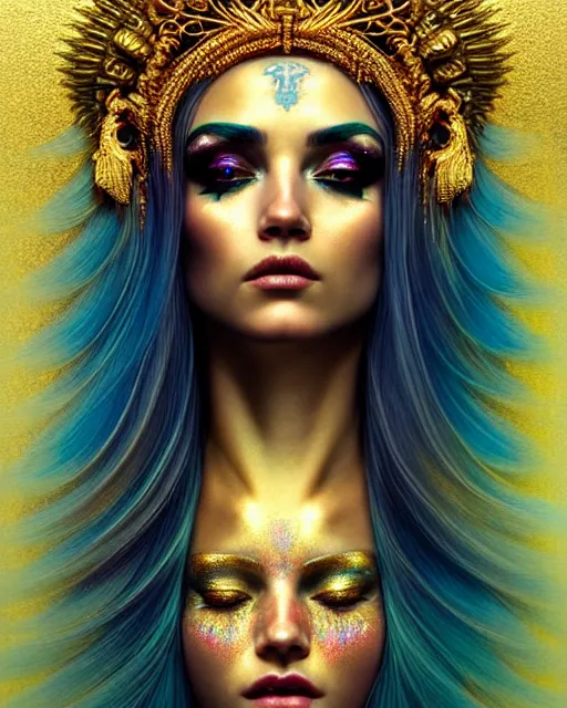 Image similar to hyperrealistic detailed portrait of a beautiful goddess in an iridescent - gold ornamental headdress, intricate cyberpunk make - up, golden face tattoos, art by android jones, john william godward, nekro borja, gothic - cyberpunk, beautiful deep colours,