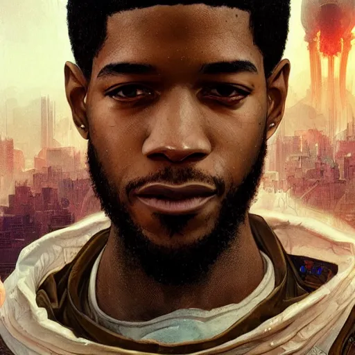 Image similar to scifi character portrait of Kid Cudi, dystopian mood, intricate, wild, highly detailed, digital painting, artstation, concept art, smooth, sharp focus, illustration, art by artgerm and greg rutkowski and alphonse mucha