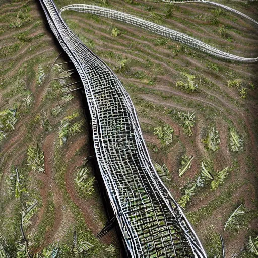 Image similar to a rollercoaster, tracks of barbed wire, birds eye view, hyperrealistic