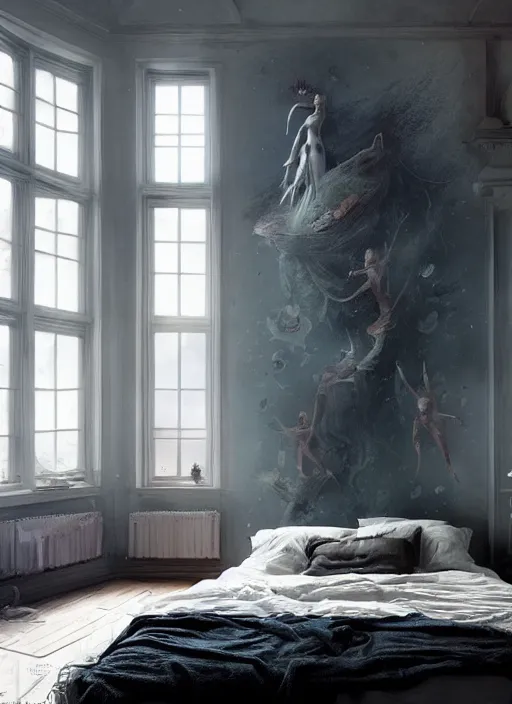 Image similar to a dreary bedroom, but above the bed are fantastical scenes of dreams, dreams invading mundane spaces, fantasy infiltrating reality, bubbles of the impossible, 8k, ultradetailed, illustrated by Greg Rutkowski and Caspar David Friedrich.