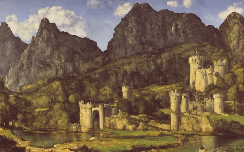 Prompt: a medieval castle with high towers and drawbridge, around a stream and mountains in the background realistic gustave courbet