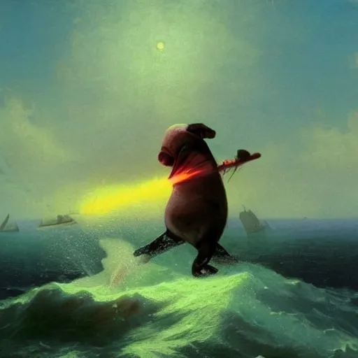 Image similar to Walrus jumping out of the ocean backwards wielding a flamethrower, volumetric lighting, RTX, neon lights, painting by Ivan Aivazovsky