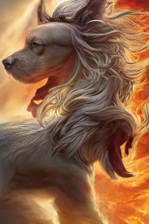 Image similar to Dog as a god with a radiant halo, detailed face, gorgeous, amazing, flowing hair, very muscular male body, partial anatomy, stormy background, caesar victorious, proud Emperor, crepuscular ray, intricate, highly detailed, 8K, digital painting, fantasy, artstation, concept art, sharp focus, over-shoulder shot, illustration, art by greg rutkowski beeple and alphonse mucha, jim burns