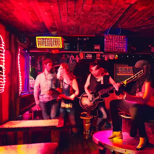 Prompt: a funky band playing at a small bar, red neon lights, good mood, people sitting in tables