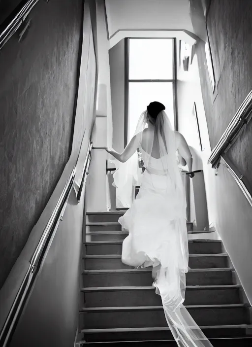 Prompt: bride, going down the stairs, futurism, 4 k, high detail, award winning
