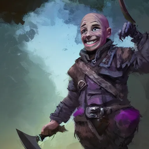 Image similar to male halfling youth adventurer with purple skin, by Ismail Inceoglu, wearing leather adventuring clothes, shabby, short, kid, bald, wielding knife, happy grin, character portrait closeup, digital art, dungeons and dragon, character