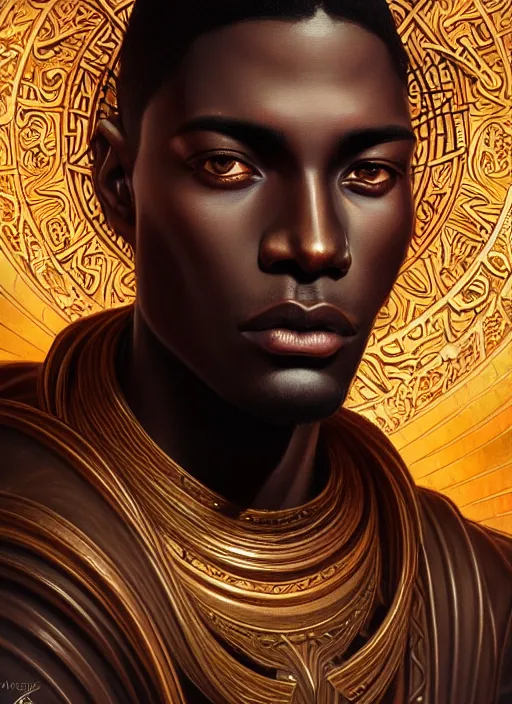 Prompt: close up portrait of ra african symbolism, dark bronze skin, male with strong jawline and angular features, sunburst halo by artgerm, cushart krenz, greg rutkowski, mucha. art nouveau. gloomhaven, swirly vibrant ripples, gaudy colors, sharp edges. ultra clear detailed. 8 k. elegant, intricate, octane render