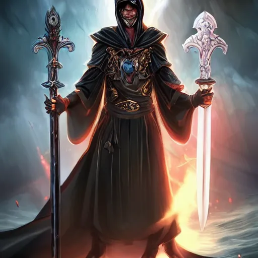 Image similar to A powerful handsome broad shouldered necromancer in black robes with blue eyes holding an exquisite sword standing at a distance. He gazes by the stormy sea and oozes extreme power and magic. Whole scene is powerful and magical and stunning to watch. Aesthetic!!!!!!, Unreal engine, 8k, trending on artstation, sharp focus, highly detailed, concept art, ultra HD, intricate, elegant, bright colors oil on canvas, by Ilya Repin