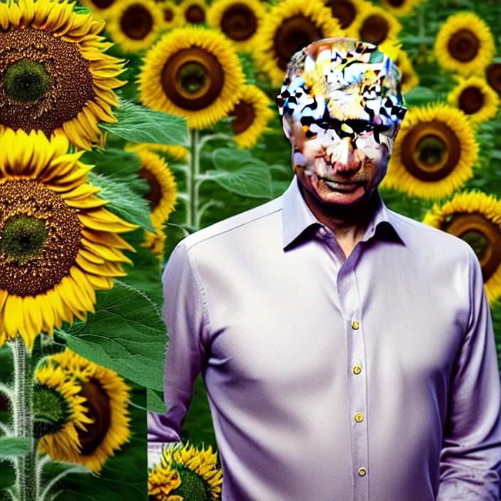 Prompt: photo portrait of Vladimir Putin - sunflowers - dressed in leisure shirt with ornamental ethereal sunflower pattern, natural skin tone, highly detailed realistic flowers ornament on the shirt, raging war and explosions in the background, face is highly detailed, elegant, Realistic, Refined, Highly Detailed, natural soft pastel lighting colors scheme, fine art photography by Cecil Beaton, volumetric lighting, hyper realistic photography