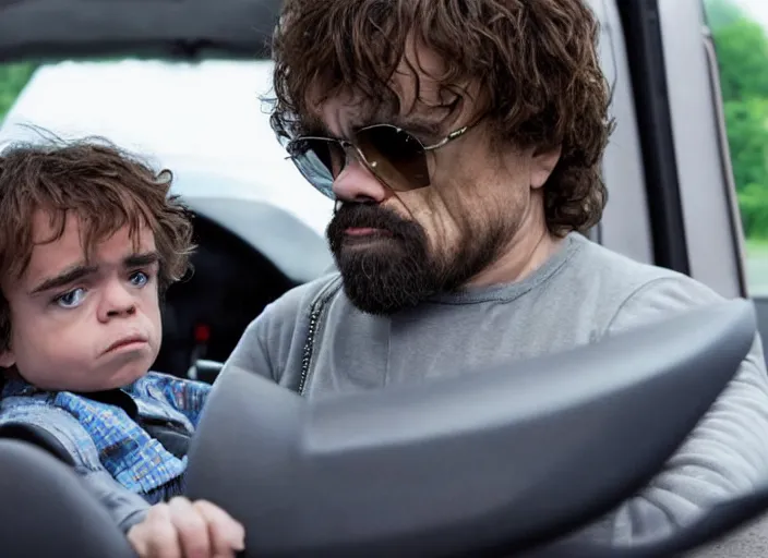 Image similar to peter dinklage driving a little tikes cozy coupe, movie still, from the new fast and furious movie, 8 k, realistic