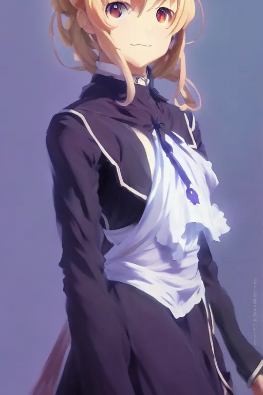 Image similar to greg manchess painting of anime art full body portrait character concept art, anime key visual of violet evergarden, trending on pixiv fanbox, violet evergarden