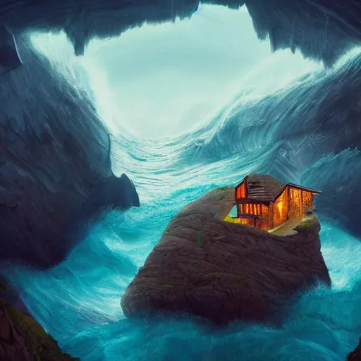 Prompt: a cozy colorful cabin carved into a mountain, view of the ocean, huge waves beneath, dramatic lighting, artstation, matte painting, raphael lacoste, simon stalenhag, frank lloyd wright, zaha hadid, drone view