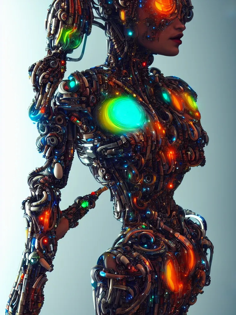 Image similar to full lenght shot woman in biomechanical dress, wearing epic bionic cyborg implants of different colors, masterpiece, intricate, biopunk futuristic wardrobe, highly detailed, artstation, concept art, background galaxy, cyberpunk, octane render