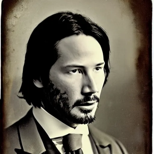 Image similar to daguerreotype of Keanu reeves, old photograph, aged, weathered