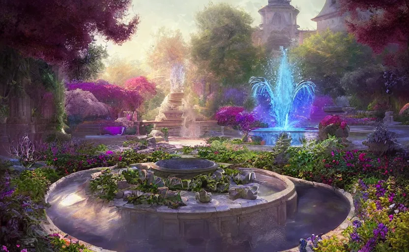Image similar to Beautiful garden, next to a fountain and a mystical palace. By William-Adolphe Bouguerea, Jordan grimmer, fractal flame. Highly_detailded