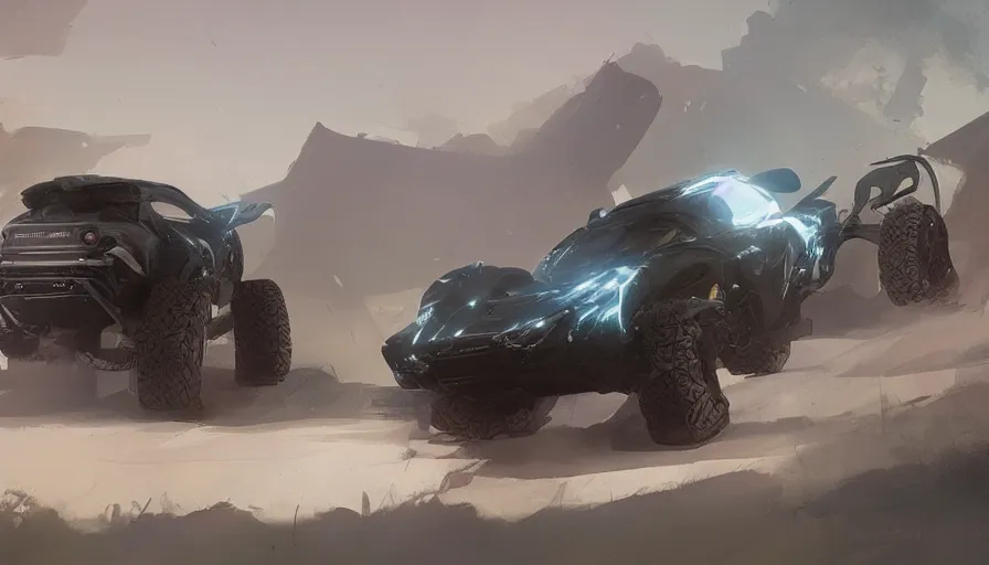 Prompt: a beautiful concept design of a supercar converted into offroad suv by cory loftis, fenghua zhong, ryohei hase, ismail inceoglu and ruan jia. volumetric light, detailed, octane render, midsommar